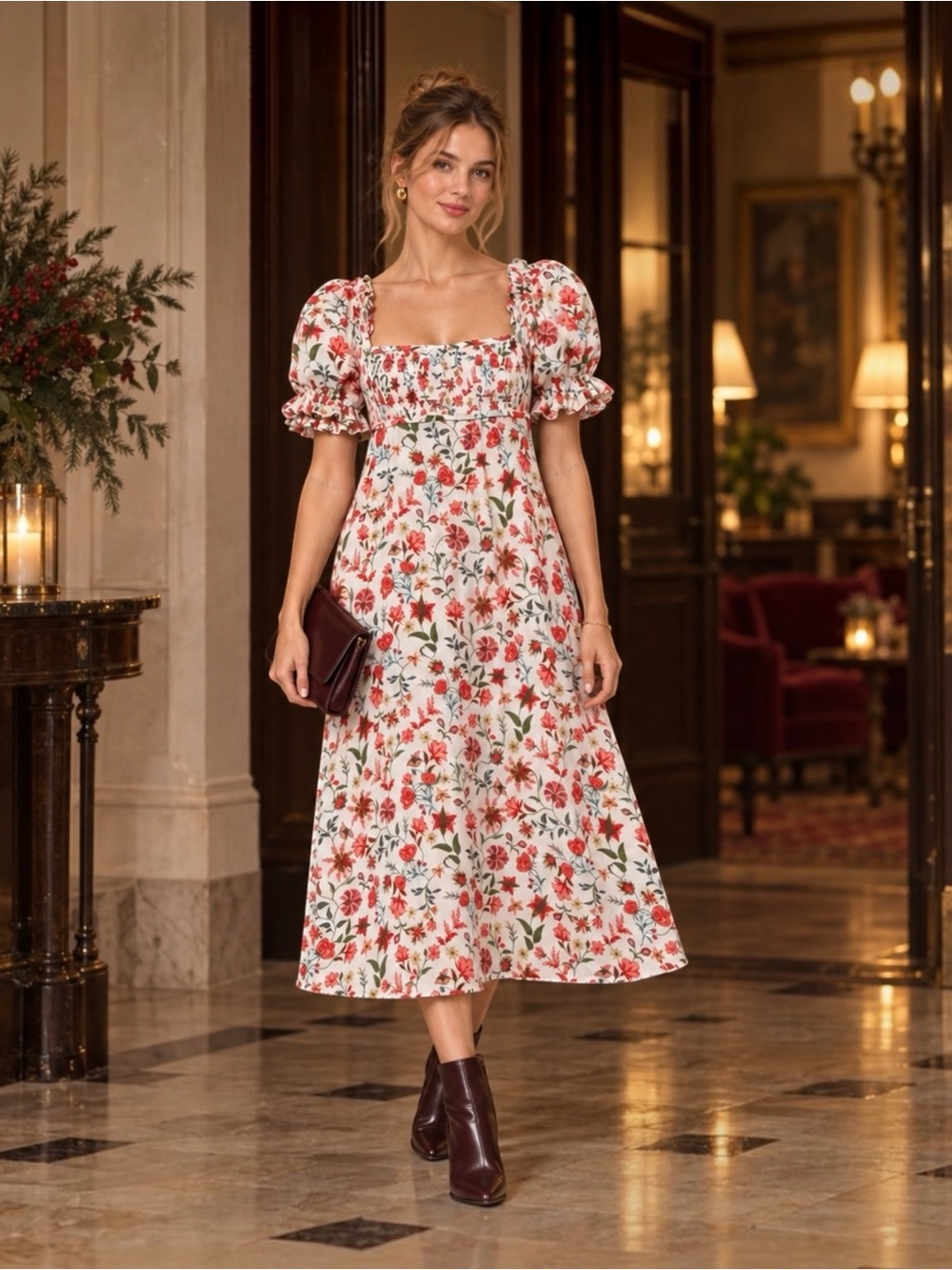 Anthropologie Smocked Puff Sleeve Floral Midi Dress Romantic Cottagecore XXS